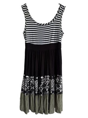 MM Sleeveless Mixed Print Layered Dress Striped Black White Olive Size L